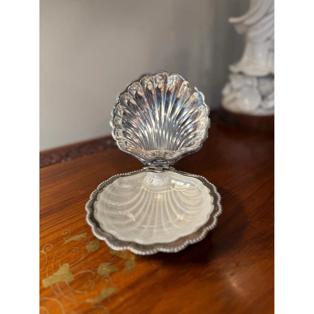 Vintage Clamshell Butter Dish • E&JL Silver Plate Server w/ Frosted Glass Insert